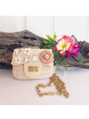 MINI BAG ~ Chic Beige Tweed Bag w/Floral Pearl Embellishments w/Gold Link Chain